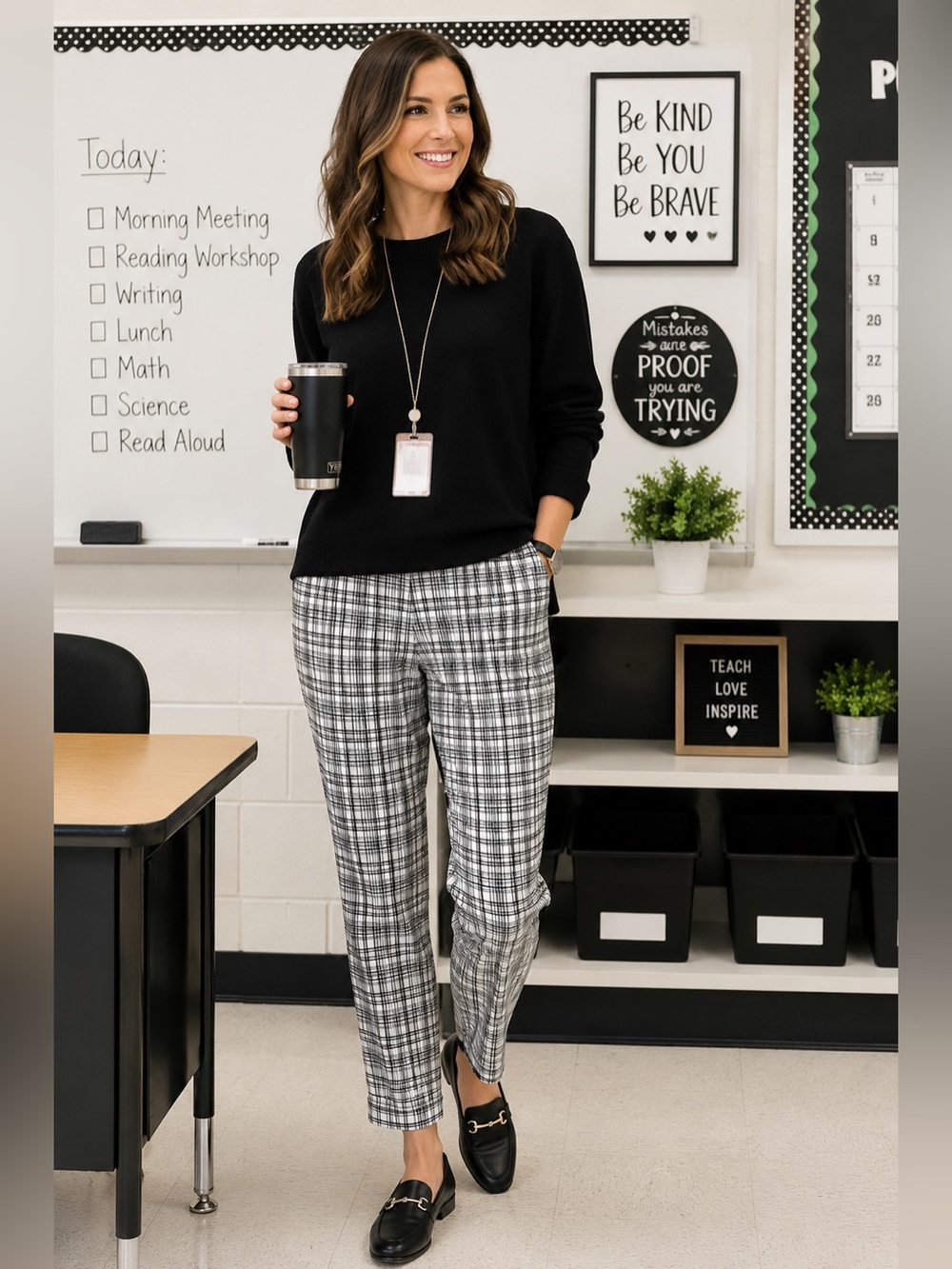 Girls Black & White Plaid Stretch Pants